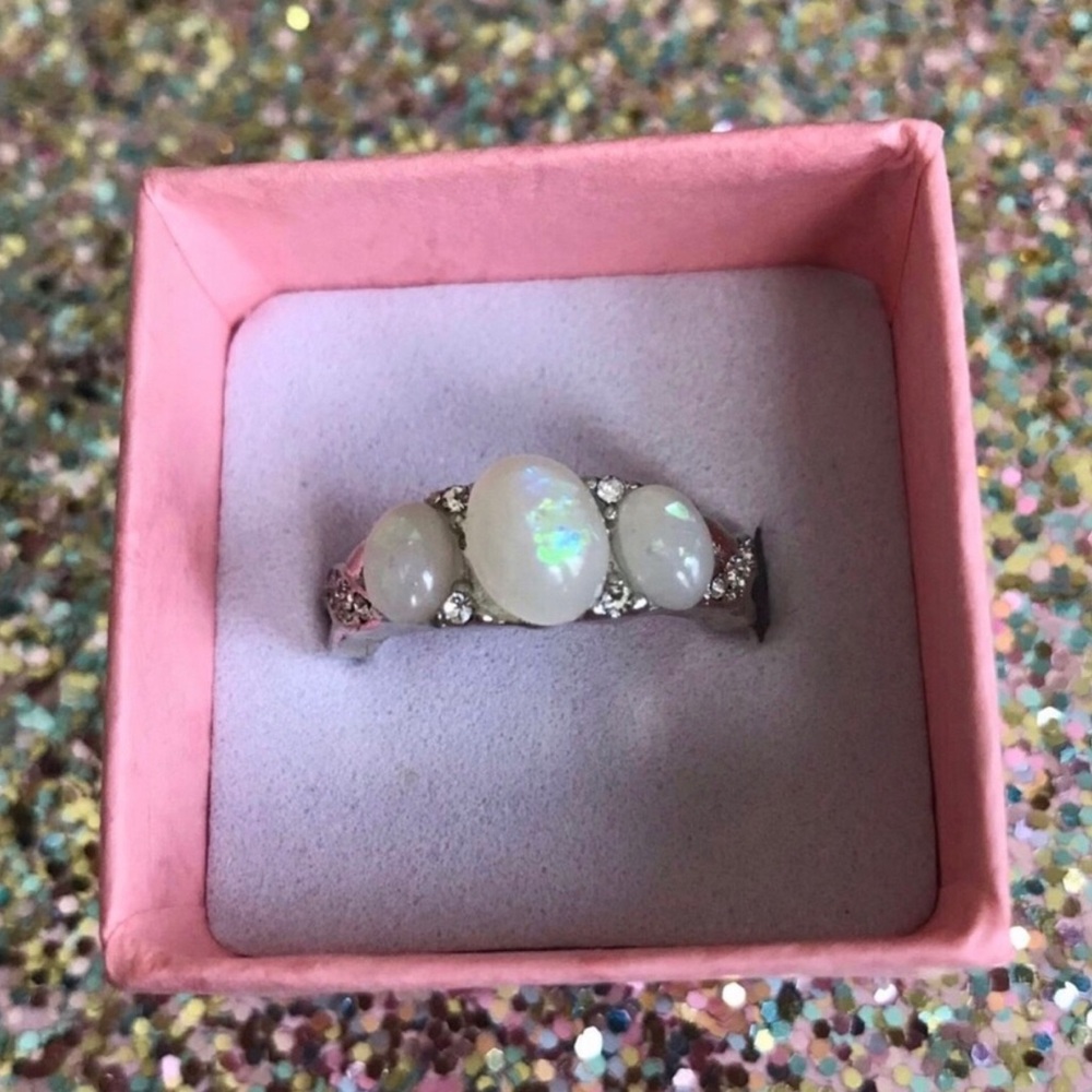 Opal Three-Stone Ring in White with Accent Stones